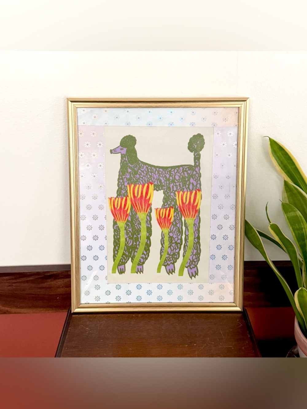 Poodle Dog Flowers Artsy Drawing Canvas Art Print Iridescent Flower Gold Framed